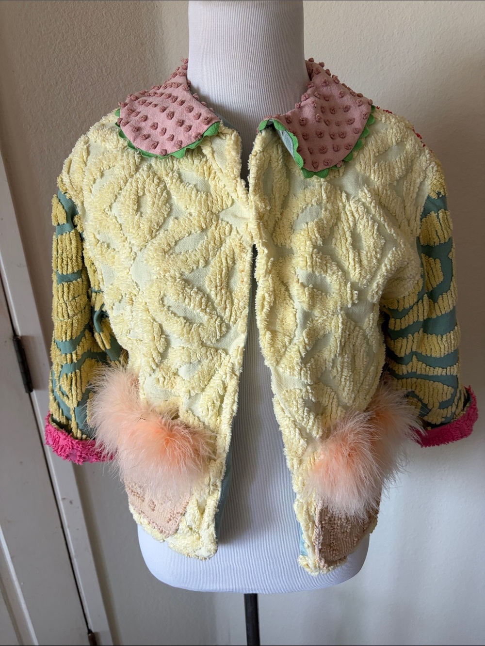 Marilyn Wolf design vintage Pastel Yellow Textured Kids Jacket with Pink Collar